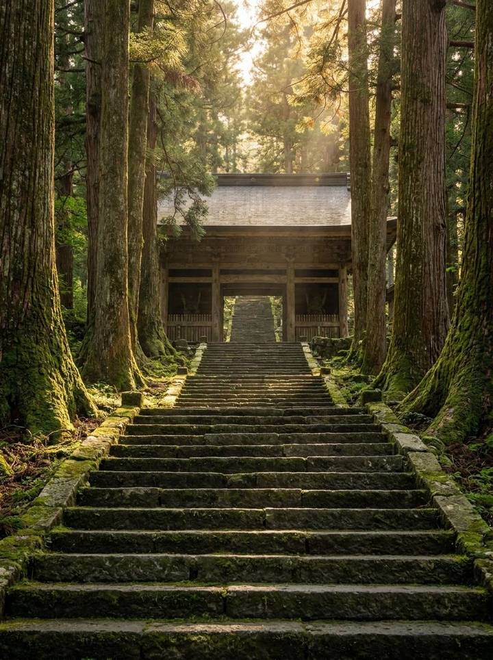 杉の間を山門へまっすぐ続く、苔むした石段